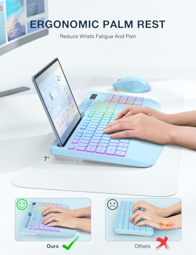 Wireless Keyboard and Mouse Combo, 9 Backlit Effects, RGB, 2.4GHz | Ergonomic Wrist Rest, Phone Holder, Rechargeable, Full Size, KM22 MAX Silent Set for Computer, Laptop, Mac, Windows (Blue) - color: Sky Blue