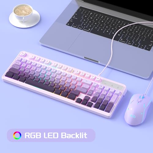 MageGee Gradient Purple Creamy Keyboard and Mouse Combo,MageGee GK980 Wired RGB Backlit Keyboard and Gradient Purple Gaming Mouse Combo,PC Keyboard and Adjustable Sensitivity Mouse for PC/loptop/MAC - color: White purple