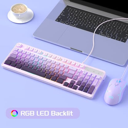 MageGee Gradient Purple Creamy Keyboard and Mouse Combo,MageGee GK980 Wired RGB Backlit Keyboard and Gradient Purple Gaming Mouse Combo,PC Keyboard and Adjustable Sensitivity Mouse for PC/loptop/MAC - color: White purple
