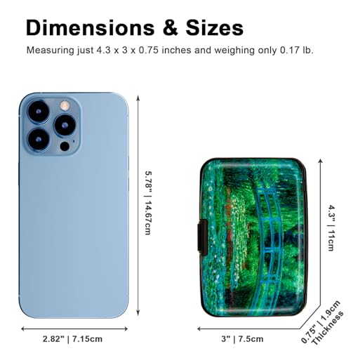Credit Card Holder Small RFID Blocking Wallet Business Metal Slim Mini Aluminum Hard Case for Women Men - color: Japanese Bridge and Water Lily Pond