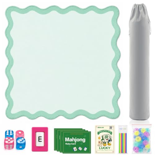 Complete Mahjong Mat Set, 32.4"x32.4" Green Scalloped Edge Table Cover, Non-Slip & Noise Reduction Gaming Mat with Carrying Bag, Rules, Chips, Wind Marker for Poker & Board Games - color: Green-set