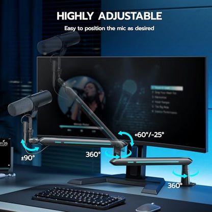 ARES WING Aluminum Low Profile Mic Arm with 4.4 lbs Load Capacity, Black | Adjustable Microphone Boom Arm with 3/8” to 5/8” Screw Adapter, Desk Mount Mic Stand for Gaming Streaming Podcasting - color: Black