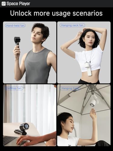 Space Player Portable Handheld Fan Cooling Fan with Turbo Strong Airflow Small Portable Fan 4-in-1 Wearable Neck Fan & Desk Fan 9000mAh USB-C Rechargeable Battery LED Display Travel Fan Black - color: Black