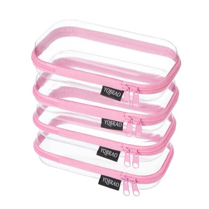 YQBRAO 4-Pack Clear Hard Shell Zipper Case, 1.2mm Ultra-Thick Diaper Bag Organizer Pouches, Rigid Self-Standing Travel Makeup Bags with YKK Zippers, TSA Approved, Pink - color: Pink, size: 4 Pack(S)