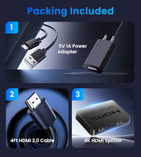 4K HDMI Splitter 1 in 2 Out with Power Adapter and 4Ft Hdmi 2.0 Cable | Mirror 1 Source Screen to 2 Display Devices-Not for Extended Display, 1x2 HDMI Splitter Compatible with PS4, HDTV, Monitor