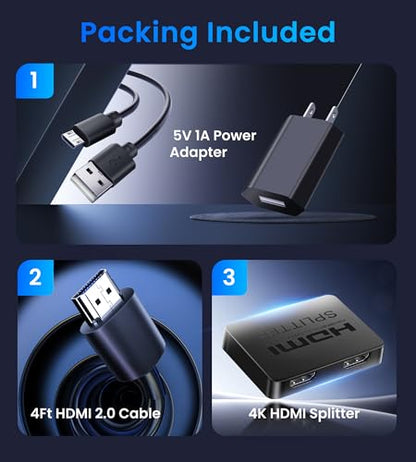 4K HDMI Splitter 1 in 2 Out with Power Adapter and 4Ft Hdmi 2.0 Cable | Mirror 1 Source Screen to 2 Display Devices-Not for Extended Display, 1x2 HDMI Splitter Compatible with PS4, HDTV, Monitor