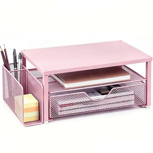 Spacrea Monitor Stand with Drawer and Pen Holder | Monitor Riser Desk Organization Desk Organizer and Accessories (Pink) - color: Pink - Metal Drawer