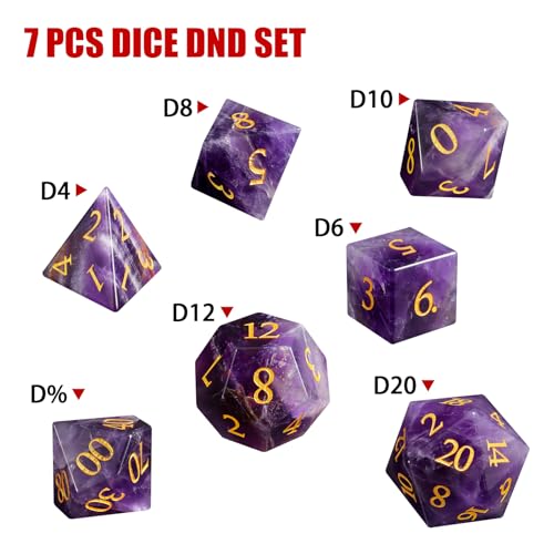 Natural Amethyst 7Pcs Polyhedral Dice Set, Natural Gemstone Multi-Faceted DND Dice for Dungeons and Dragons RPG Tabletop Game (Amethyst-Gold) - color: Amethyst-gold