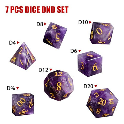 Natural Amethyst 7Pcs Polyhedral Dice Set, Natural Gemstone Multi-Faceted DND Dice for Dungeons and Dragons RPG Tabletop Game (Amethyst-Gold) - color: Amethyst-gold