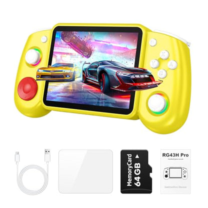 RG43H Pro Retro Handheld Game Console, 4.3 Inch Retro Gaming Console with 4000mAh Battery, RK3562 Opensource Hand Held Games Console, EmuELEC&RGBOX Dual Systems Video Console, HDMI TV Output, Yellow - color: Yellow