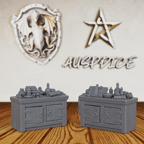 AUSPDICE Alchemy Lab & Scholar Study Cabinets 28mm Unpainted DND Terrain | Miniature Furniture for Dungeon Masters: 2 Cabinets with Books, Scrolls, Potions and an Open Tome for TTRPG Rooms - AS691