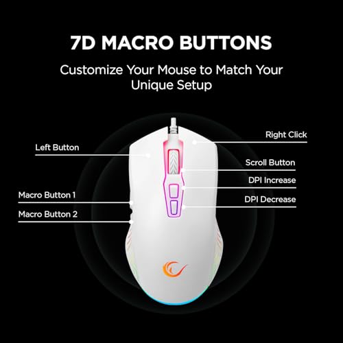 Rampage Spear V2 White Wired Gaming Mouse with RGB Lighting – 12800 DPI, 7 Programmable Buttons, Lightweight Ergonomic Gaming Mouse for PC/Mac/Laptop Gamers - color: White