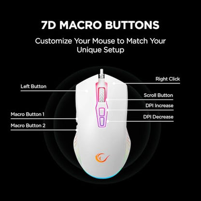 Rampage Spear V2 White Wired Gaming Mouse with RGB Lighting – 12800 DPI, 7 Programmable Buttons, Lightweight Ergonomic Gaming Mouse for PC/Mac/Laptop Gamers - color: White