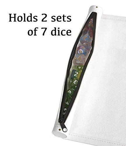 Forged Dice Co Scroll Dice Tray and Rolling Mat with Zippered Dice Holder - Storage Pouch Holds up to 14 Metal or Plastic Polyhedral Dice - Compatible with DND and Dungeons & Dragons Game Dice - color: White