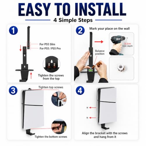 Heavy-Duty Steel Wall Mount Kit Compatible with PS5 Slim, Pro and Original | Secure EVA-padded support, complete install kit, easy setup, open airflow, holders for 2 controllers and headset - color: Black
