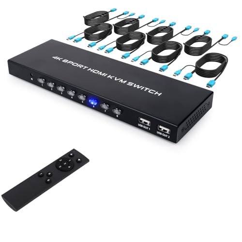 HDMI KVM Switch 8 Port, 4K@30Hz USB KVM Switcher for 8 Computers Share 1 Monitor and 4 USB Devices, 8X1 Switches with Adaptive EDID Wired Remote and 8 HDMI&USB KVM Cables