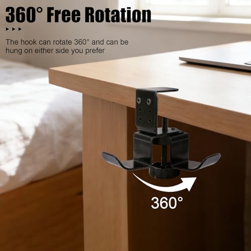 Heavy Duty Desk Hook Clamp, Carbon Steel 360° Rotating Under Desk Headset Stand Holder Clamps Adjustable Hook Clamp on Hanger Office Gaming Accessories for Headphone Purse Umbrellas (Black)