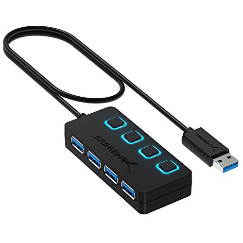 SABRENT 4-Port USB 3.0 Hub with Individual Power Switches (HB-UM43) | Slim portable design; 2 ft cable; LED switches; fast data transfer; for Mac & PC; usb hub for laptop; usb hub switch - color: Black