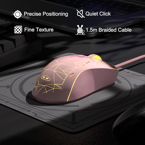 MageGee G6 Wired Gaming Mouse, Ergonomic USB Optical Mouse with 7 Colors Breathing LED Backlit, 6 Adjustable Speed Levels from 600 to 3200 for Laptop PC Computer Games & Work, Pink - color: pink