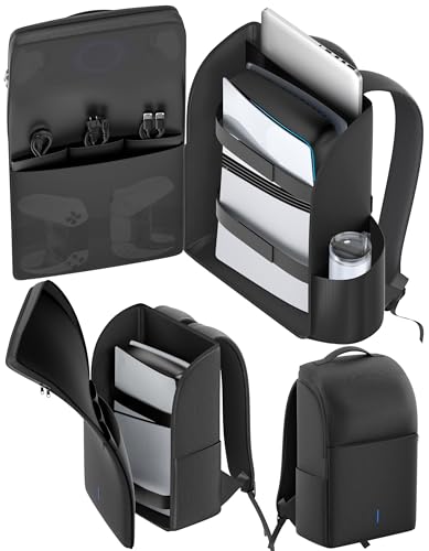 Backpack for PS5/ Slim/ Pro Console, Fully Zip-Open PS5 Carrying Case Travel Bag, Large Capacity PS 5 Storage Bag for Dual Controllers,PS Portal, Laptop, Game Cards, Backpack with 3 Cable Pouch,Black - color: Deep Black