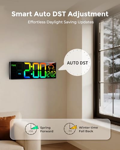 EASYERA 16.5" Large Digital Wall Clock with BT Sync, 11 RGB Lights | 11 Scenes Mode Remote Control, Big LED Clock with Dual Alarms, Auto DST, Temperature for Classroom Gaming - size: 15.98 inches, style: Modern