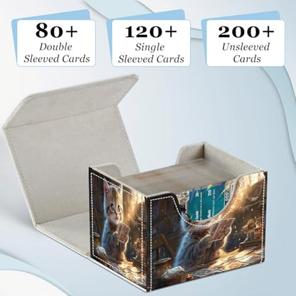Commander Deck Box for Trading Cards - Fits 100+ Double Sleeved Cards, PU Leather MTG TCG Storage Case with Strong Magnetic Closure, Cat Playing Cards - color: Cat Playing Cards