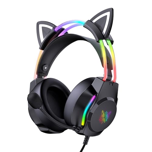Gaming Headset with Microphone, Cat Ear Headphones for PC Laptop PS4 PS5 Xbox Switch, Rainbow RGB Lighting & Virtual Surround Sound, 3.5mm Wired Over Ear Headphones, Ergonomic - color: Black Cat Ear
