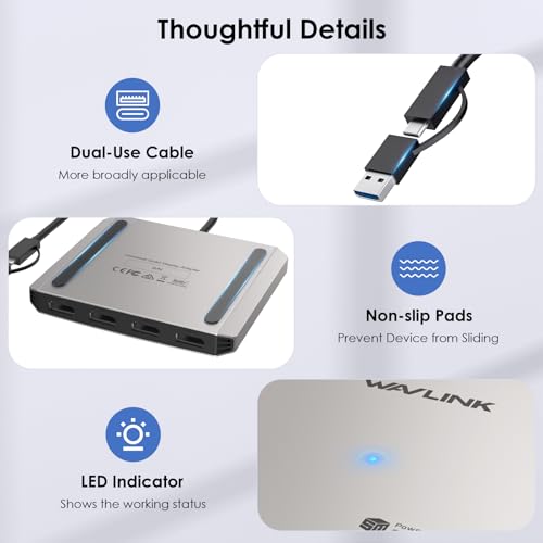WAVLINK 4-Port HDMI Splitter, USB C to Quad Monitor 4K Adapter | Universal USB A to HDMI Extended Dual Triple Display for Windows, Macbook Neo, Mac M1-M5 Driver Required