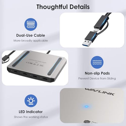 WAVLINK 4-Port HDMI Splitter, USB C to Quad Monitor 4K Adapter | Universal USB A to HDMI Extended Dual Triple Display for Windows, Macbook Neo, Mac M1-M5 Driver Required