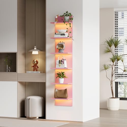Qupui 6-Tier Wall Shelf with RGB LED, 57" Floating Storage, Pink | RGB 16 Million Colors, 22 Modes, 6 Brightness. Waterproof Particleboard. Each Tier Holds 10 Lbs. Wall-mounted. For Bedroom - color: Pink