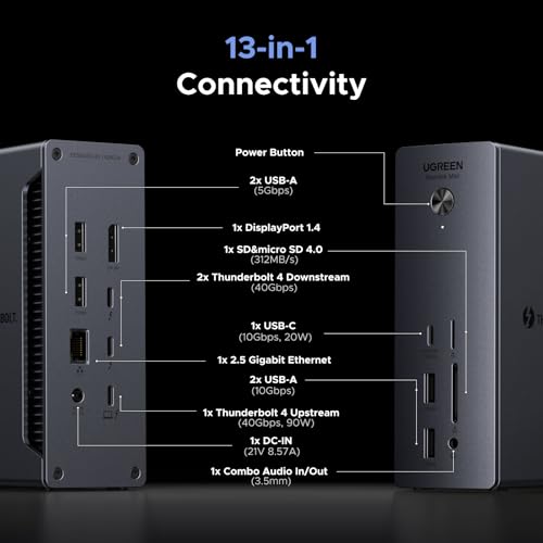 UGREEN 13-in-1 Thunderbolt 4 Docking Station, Dual 4K@60Hz, 2.5G Ethernet | 3xTBT4 40Gbps, Single 8K@30Hz, 90W Host Charging, SD/TF 4.0 312MB/s, TBT4 Dock for MacBook and Windows Laptop,Revodok Max 213