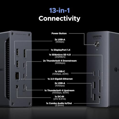 UGREEN 13-in-1 Thunderbolt 4 Docking Station, Dual 4K@60Hz, 2.5G Ethernet | 3xTBT4 40Gbps, Single 8K@30Hz, 90W Host Charging, SD/TF 4.0 312MB/s, TBT4 Dock for MacBook and Windows Laptop,Revodok Max 213