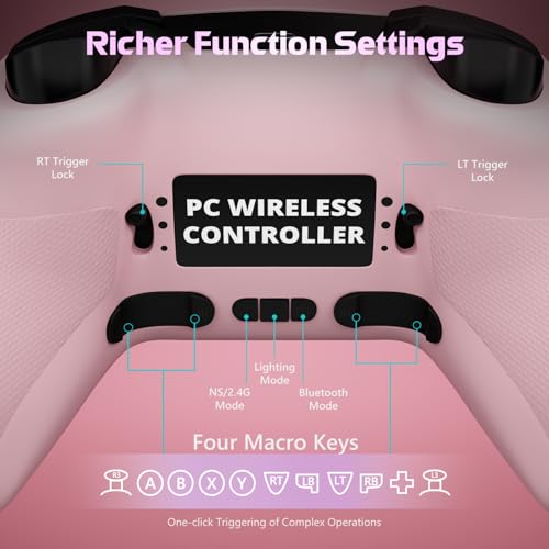 Wireless PC Controller with Hall Effect Joysticks & Triggers, 1000Hz Polling Rate, Trigger Locks, Bluetooth Pro Gaming Controller for PC/Steam/Luna/Tesla - 4 Macros and Turbo, Dynamic RGB, Pink - color: Pink