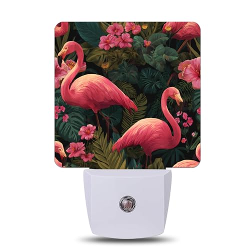 Flamingo Palm Leaf Night Light, Plug-into Wall Nightlight with Dusk to Dawn Sensor, Energy Efficient Lamp for Bedroom/Bathroom/Kitchen/Hallway/Stairs - color: Flamingo Palm Leaf