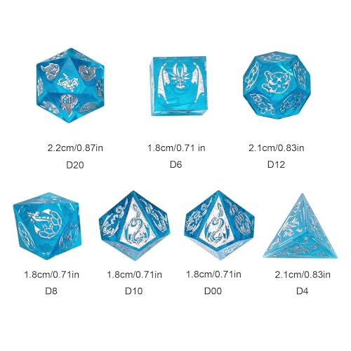 Cusdie 7-Piece Sharp Edges DND Dice Set with Dragon Pattern - Perfect for Tabletop RPGs Board Games Gifting and Collecting(Transparent Blue/Silver Number) - color: Dragon Pattern Tb/S