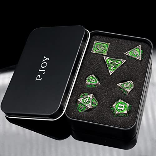 PJOY D&D Dice Set Metal DND Green Dice with Case Compatible with Dungeons and Dragons Ranger Gifts - color: Antique Silver Green