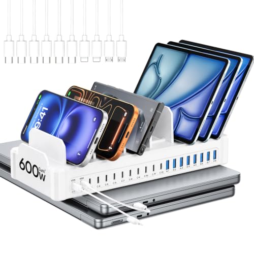 20-Port 600W Moezuti Charging Station for Multiple Devices with 10 Cables | GaN5 Dual 65W Multi-device Charging Dock , Fast Charger Station for Laptop Macbooks iPhone Samsung Galaxy Android Tablet - color: White