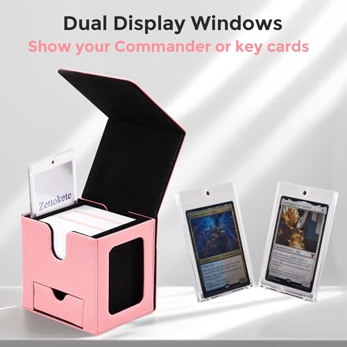 MTG Commander Deck Box with Dual Display Windows and Dice Tray | Fits 100 Double-Sleeved Cards, PU Leather, 2 Magnetic Card Holders, 2 Dividers, Pink & Black - color: 1. Pink & Black