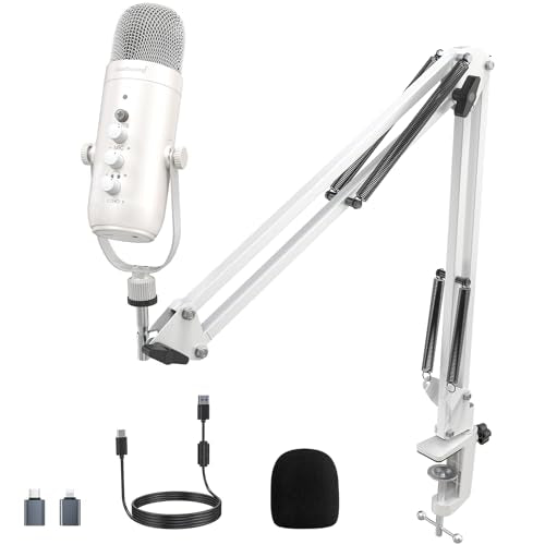 ZealSound Gaming Microphone for PC, USB Podcast Microphone with Noise Reduction, Mute & Gain Control, Zero-Latency Monitoring, Echo Control, Boom Arm, for Mac, iPhone, Stream, YouTube, TikTok (White) - color: White