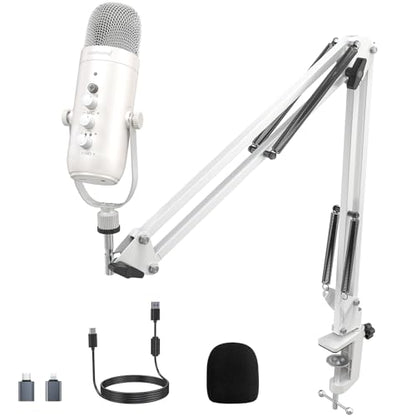 ZealSound Gaming Microphone for PC, USB Podcast Microphone with Noise Reduction, Mute & Gain Control, Zero-Latency Monitoring, Echo Control, Boom Arm, for Mac, iPhone, Stream, YouTube, TikTok (White) - color: White