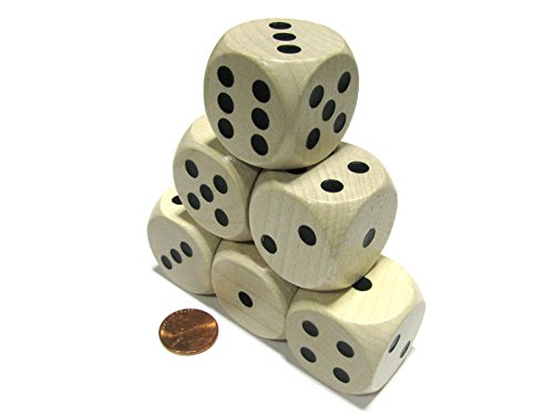 Set of 6 D6 Large Jumbo 30mm Rounded Wood Dice - Wooden with Black Pips