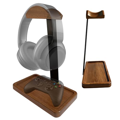2-in-1 Wood Universal Headphone Stand With Storage Tray And Wood Arc Top | Curved Support Helps Distribute Headband Weight, Storage Base Keeps Keys, Earbuds, And Desk Accessories Within Reach