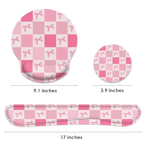 Ergonomic Mouse Pad Set with Wrist Rest, Pink Bow | Checkered Kawaii Non-Slip Rubber Base Wrist Cushion Support and Coasters Mousepad with Wrist Support for Computer Keyboard - color: Pink Retro