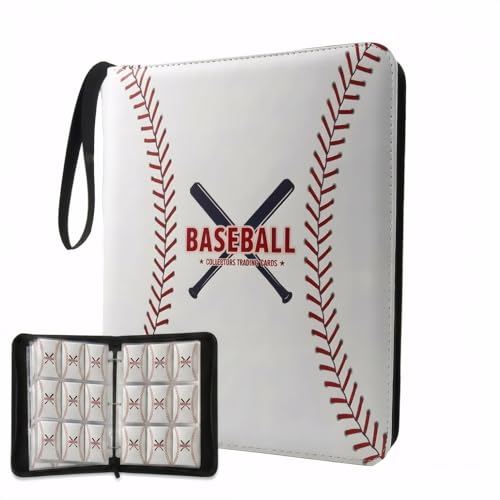 Trading Card Binder 9 Pocket, White Baseball Card Binder Holds 900 Cards with 50 Removable Sleeves, Waterproof PU Leather with Zipper Card Collector Album Book Compatible with TCG Cards - color: White Baseball