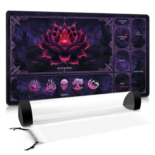 MTG Playmat with Zones – Lotus Sketch 24x14 Card Game Mat for Magic The Gathering, Stitched Edge, Non-Slip Rubber Base with Prismatic Playmat Tube – Dark Blood Lotus - color: Crimson Lotus