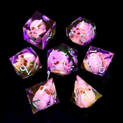 Froggod Purple Moss & Skull DND Dice Set with Gift Box for DND RPG, 7Pcs | Purple resin DND role playing dice with moss skull design and sharp edges for MTG, tabletop games and collectors - color: Purple