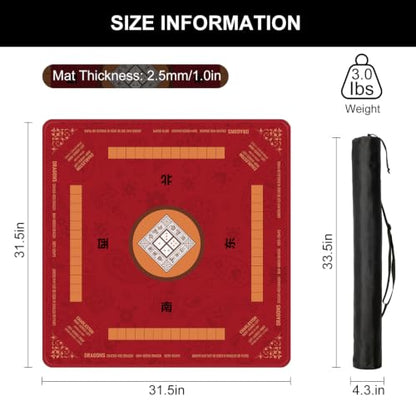 Red Mahjong Mat for Table with Rules, 31.5" x 31.5" Noise Reduction Non Slip Waterproof Mah Jong Table Mat with Carrying Bag, Suitable for Mahjong, Poker, Board Games, Dominoes, and Card Games - color: Red