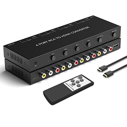 4 AV to HDMI, 1080P/720P 4 Way RCA Composite CVBS AV Switch to HDMI Converter Adapter Support 4:3/16:9 Switching, for Sega Xbox PS1 PS2 PS3 N64 NGC SNES WII VHS VCR Camera DVD （with Remote） - style: 4 RCA Converter