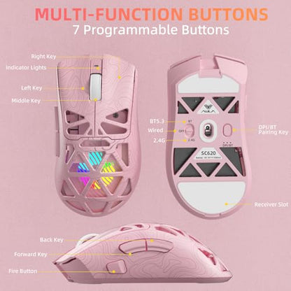 Aula SC620 Wireless Gaming Mouse, Tri-Mode 2.4GHz/USB-C/BT5.3 Computer Mouse with 12000 DPI, Programmable Macro Gamer Mouse with Rapid Fire Key, RGB Light Gaming Mice for PC/Laptop/Mac (Line Pink) - color: Line pink