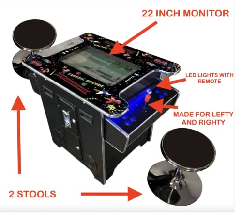 Full Size Commercial Grade Cocktail Arcade Machine 2 Player Retro 60 Games 22" LCD Screen Tempered Glass 2 Stools Included 5 Year Warranty Black